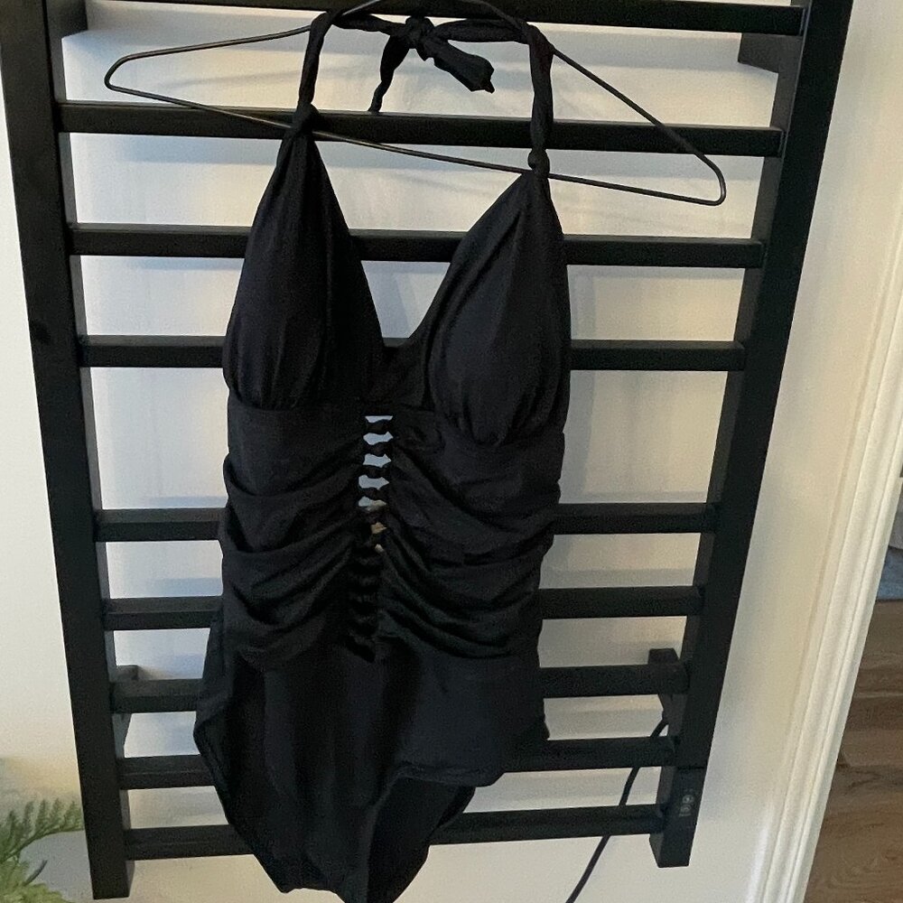Nip Tuck Black Halter One-Piece Swimsuit | Ruched Front | Size US 8 / AUS 12
